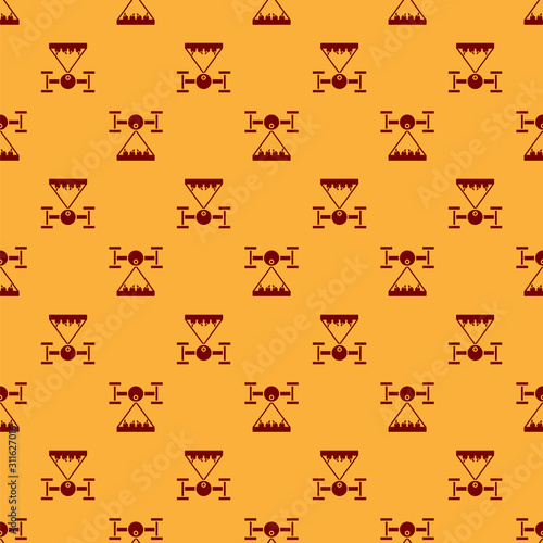 Red Smart farm with drone control collects harvest icon isolated seamless pattern on brown background. Innovation technology for agricultural company. Vector Illustration