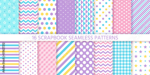 Scrapbook seamless pattern. Vector. Cute chic backgrounds. Set textures with polka dots, stripes, zigzag, hearts, check and stars. Retro print. Pastel illustration. Geometric trendy color backdrop.