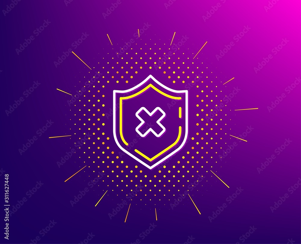 Reject protection line icon. Halftone pattern. Decline shield sign. No security. Gradient background. Reject protection line icon. Yellow halftone pattern. Vector Reject protection line icon. Halftone pattern. Decline shield sign. No security. Gradient background. Reject protection line icon. Yellow halftone pattern. Vector