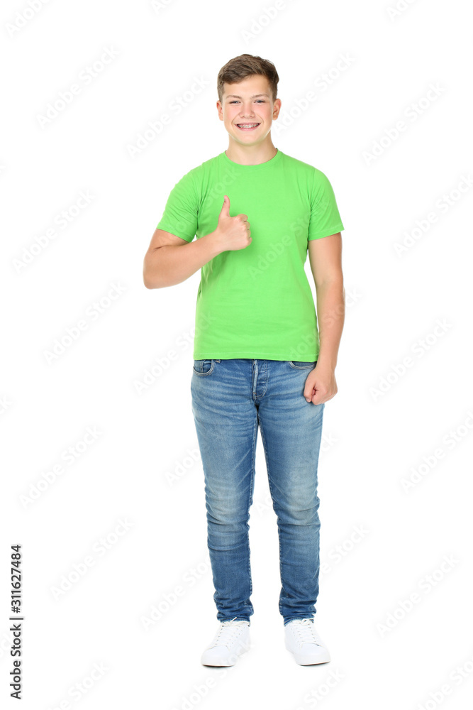 Fototapeta premium Young man showing thumb up isolated on white background