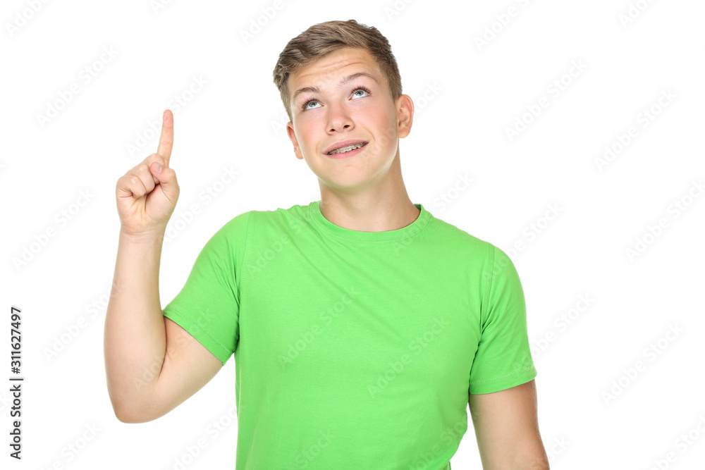 Young man with dental braces showing finger up isolated on white background Young man with dental braces showing finger up isolated on white background