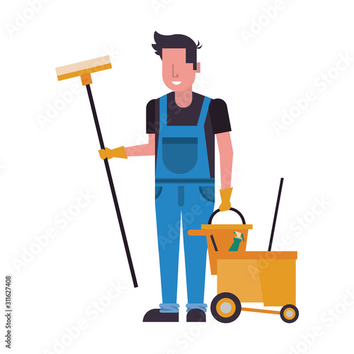 housekepping male worker with brush broom