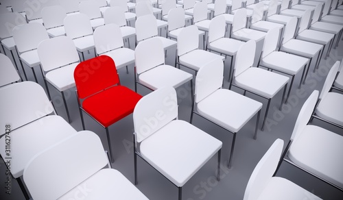 Concept or conceptual red armchair standing out in a  conference room as a metaphor for leadership  vision and strategy. A 3d illustration of individuality  creativity and achievement