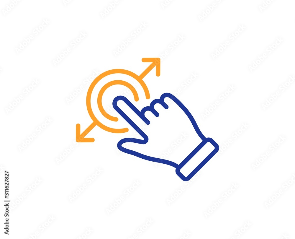 Drag and drop arrow sign. Touchscreen gesture line icon. Swipe action symbol. Colorful outline concept. Blue and orange thin line touchscreen gesture icon. Vector Drag and drop arrow sign. Touchscreen gesture line icon. Swipe action symbol. Colorful outline concept. Blue and orange thin line touchscreen gesture icon. Vector