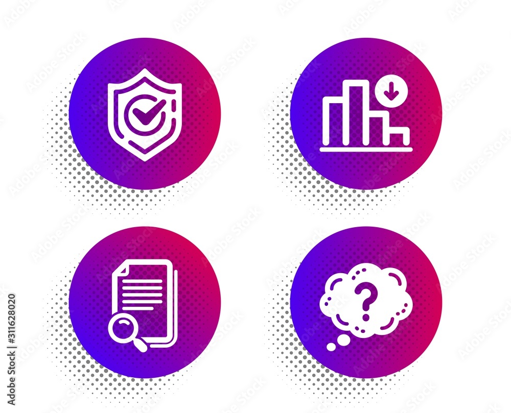 Confirmed, Decreasing graph and Search file icons simple set. Halftone dots button. Question mark sign. Accepted message, Crisis chart, Find document. Quiz chat. Technology set. Vector