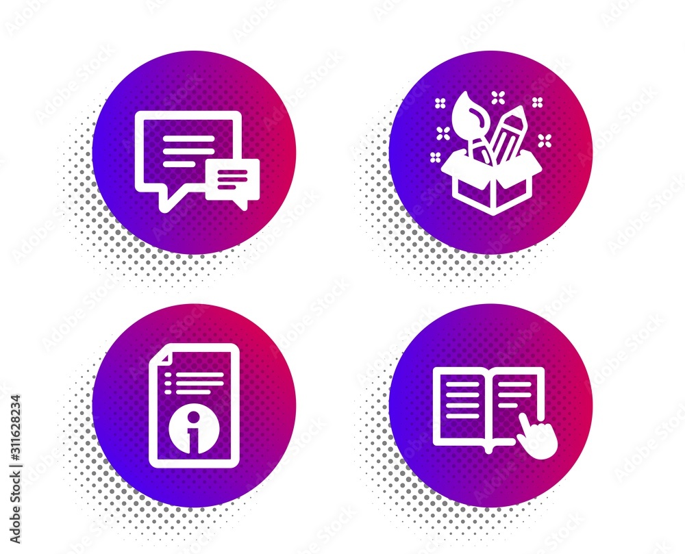 Comment, Technical info and Creativity icons simple set. Halftone dots button. Read instruction sign. Talk bubbles, Documentation, Design idea. Opened book. Education set. Vector Comment, Technical info and Creativity icons simple set. Halftone dots button. Read instruction sign. Talk bubbles, Documentation, Design idea. Opened book. Education set. Vector