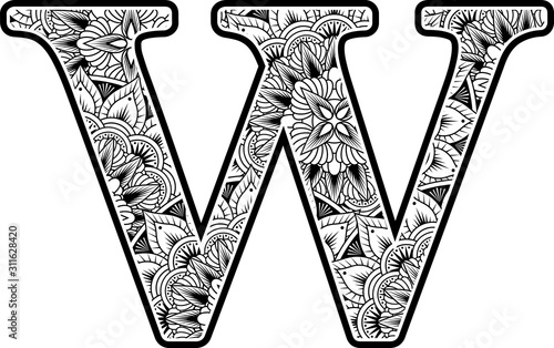capital letter w with abstract flowers ornaments in black and white. design inspired from mandala art style for coloring. Isolated on white background