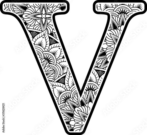 capital letter v with abstract flowers ornaments in black and white. design inspired from mandala art style for coloring. Isolated on white background