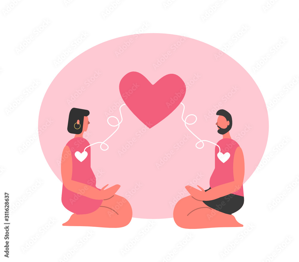 Cute vector illustration of two romantic people in love on St Valentine Day. Man and woman with connected hearts on greeting card Cute vector illustration of two romantic people in love on St Valentine Day. Man and woman with connected hearts on greeting card