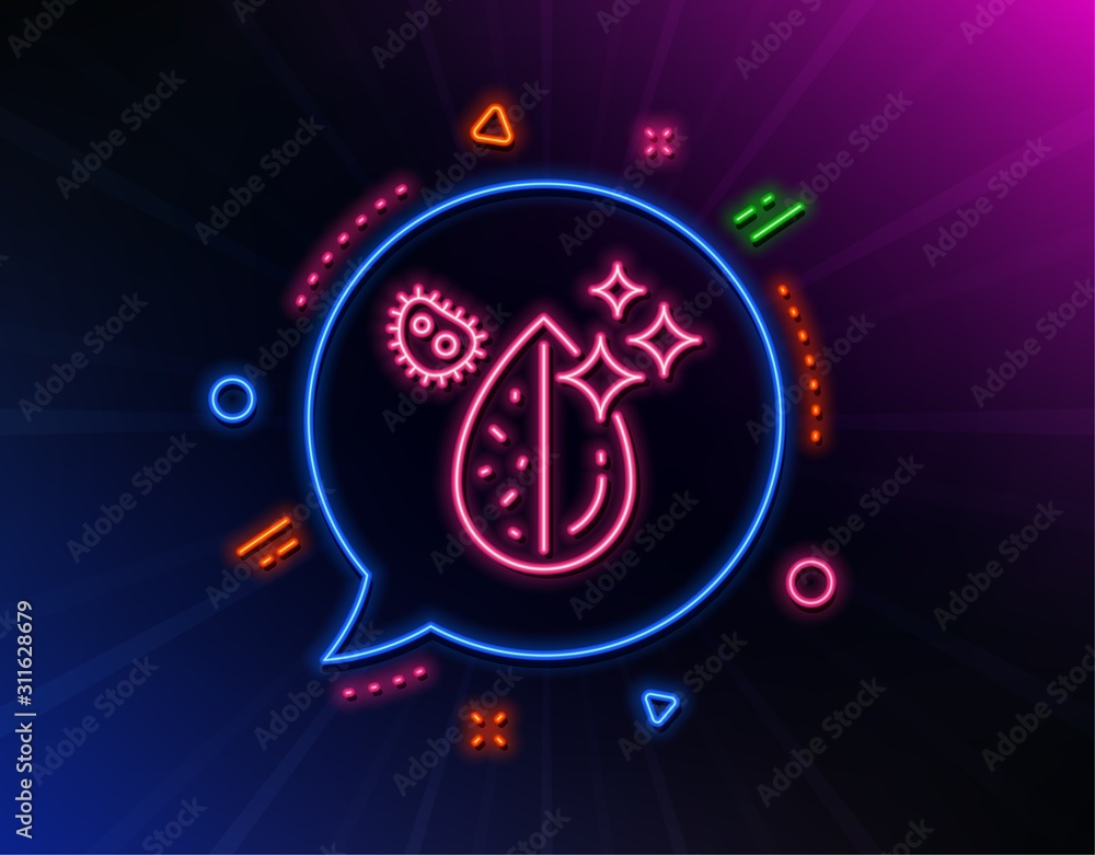 Dirty water drop line icon. Neon laser lights. Clean filter aqua sign. Liquid with bacteria. Glow laser speech bubble. Neon lights chat bubble. Banner badge with dirty water icon. Vector