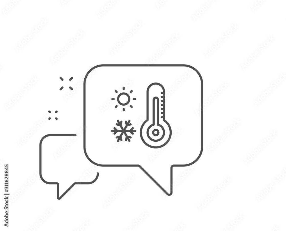Weather thermometer line icon. Chat bubble design. Winter snowflake, sun sign. Temperature symbol. Outline concept. Thin line weather thermometer icon. Vector Weather thermometer line icon. Chat bubble design. Winter snowflake, sun sign. Temperature symbol. Outline concept. Thin line weather thermometer icon. Vector
