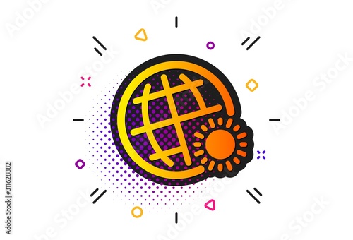 Sun with globe sign. Halftone circles pattern. World weather icon. Hot season symbol. Classic flat world weather icon. Vector