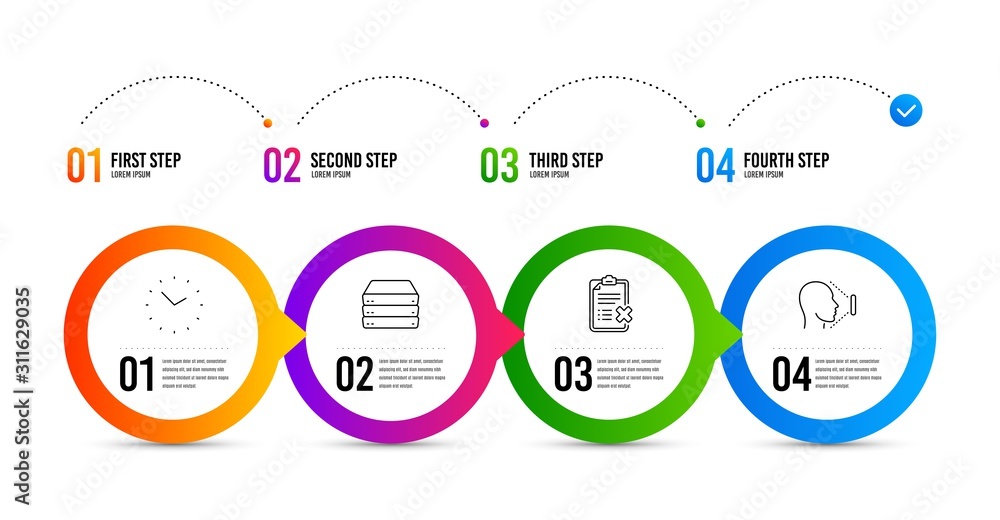 Time, Reject checklist and Servers line icons set. Timeline infographic. Face id sign. Clock, Decline file, Big data. Identification system. Technology set. Time icon. Timeline diagram. Vector
