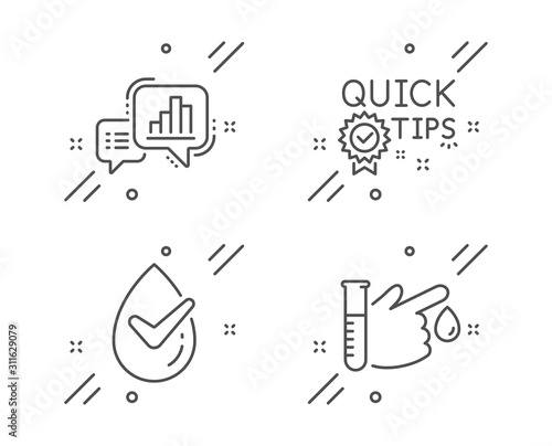 Dermatologically tested, Quick tips and Graph chart line icons set. Blood donation sign. Organic, Helpful tricks, Growth report. Medicine analyze. Science set. Vector
