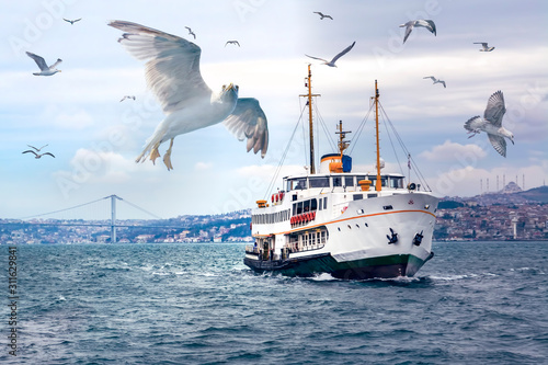 Photography Muslim architecture and water transport in Turkey - Beautiful View touristic landmarks from sea voyage on Bosphorus