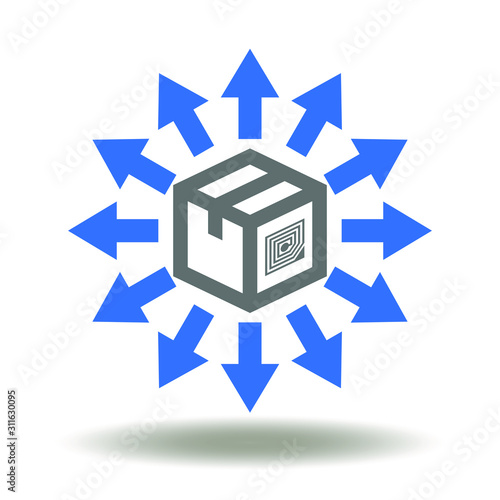 Distribution logo. Packaging box delivery rfid tag arrows icon vector. Supply Chain Post Illustration.