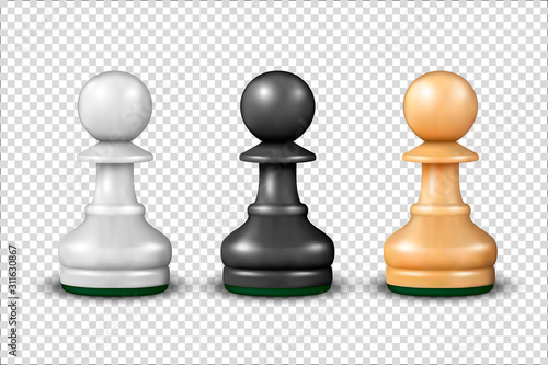 Vector 3d Realistic White, Black and Wooden Pawn Icon Set Isolated on Transparent Background. Design Template. Game Concept. Chess, Chessmen. Stock Illustration