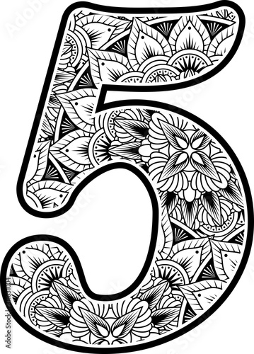number 5 with abstract flowers ornaments in black and white. design inspired from mandala art style for coloring. Isolated on white background