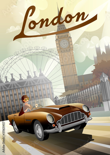 Obrazy Londyn  lata-60-ze-stylowym-samochodem-i-big-ben-em