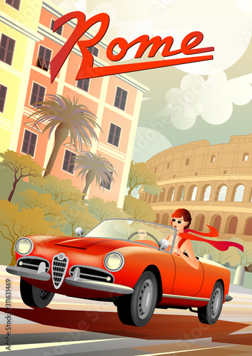 A young girl driving a retro car on the background of Roman houses and the Coliseum.
