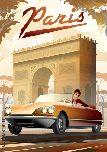 Girl driving a retro car in Paris and the Arc de Triomphe on the background.