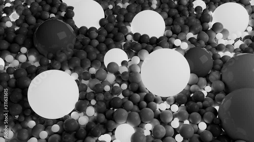 4k 3D seamless loop animation of beautiful gray and white small and large spheres or balls cover plane as abstract geometric background. Some spheres glow. 7 photo