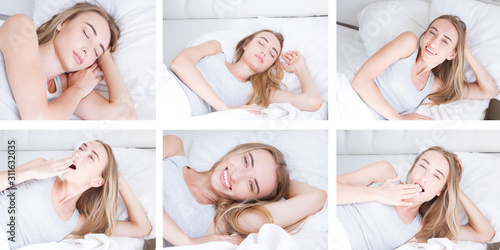 Beautiful girl sleeps in the bedroom - collage. Sleeping woman in bed close up billboard. Young beautiful woman sleeping. Portrait of the beautiful young woman sleeping in dark bed. Sleep collage