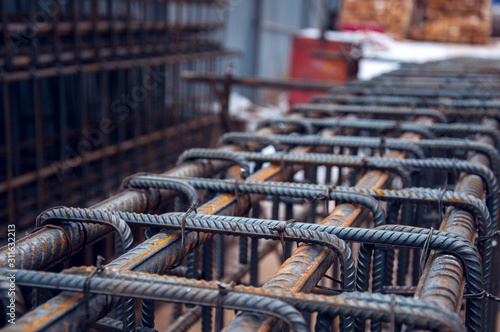 Steel bars for monolithic frame. Industrial background on the construction