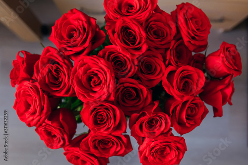 Top view of a beautiful bouquet of red roses
