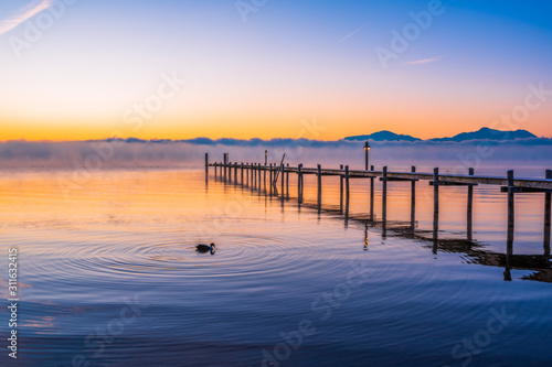 Ente mit Steg im Chiemsee am winterlichen Sonnenaufgang