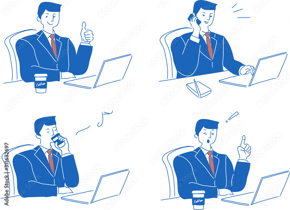 オフィスデスクで仕事中の会社員 ポジティブでやる気のある会社員の表情やジェスチャー別セットイラスト Stock Vector Adobe Stock