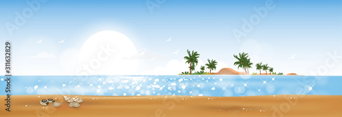 Panorama view Tropical seascape of blue ocean and coconut palm tree on island, ,Panoramic Sea beach and sand with blue sky,Vector illustration flat style nature of landscape seaside for Summer holiday