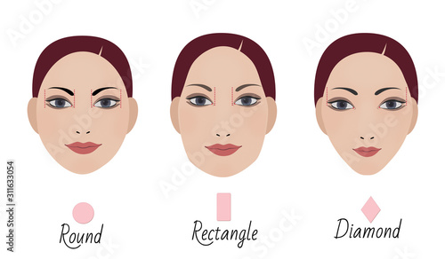 Set of 3 forms of a woman's face and their correction with the length of an eyebrow. Isolated on white background