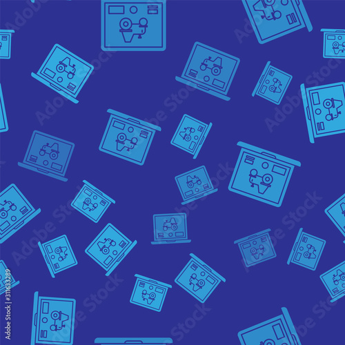 Blue Laptop application for control a autonomous tractor on a smart farm icon isolated seamless pattern on blue background. Smart agriculture implement. Vector Illustration