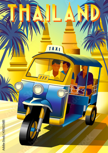 Tourists in a traditional Tuk Tuk taxi at a sightseeing tour in Thailand.