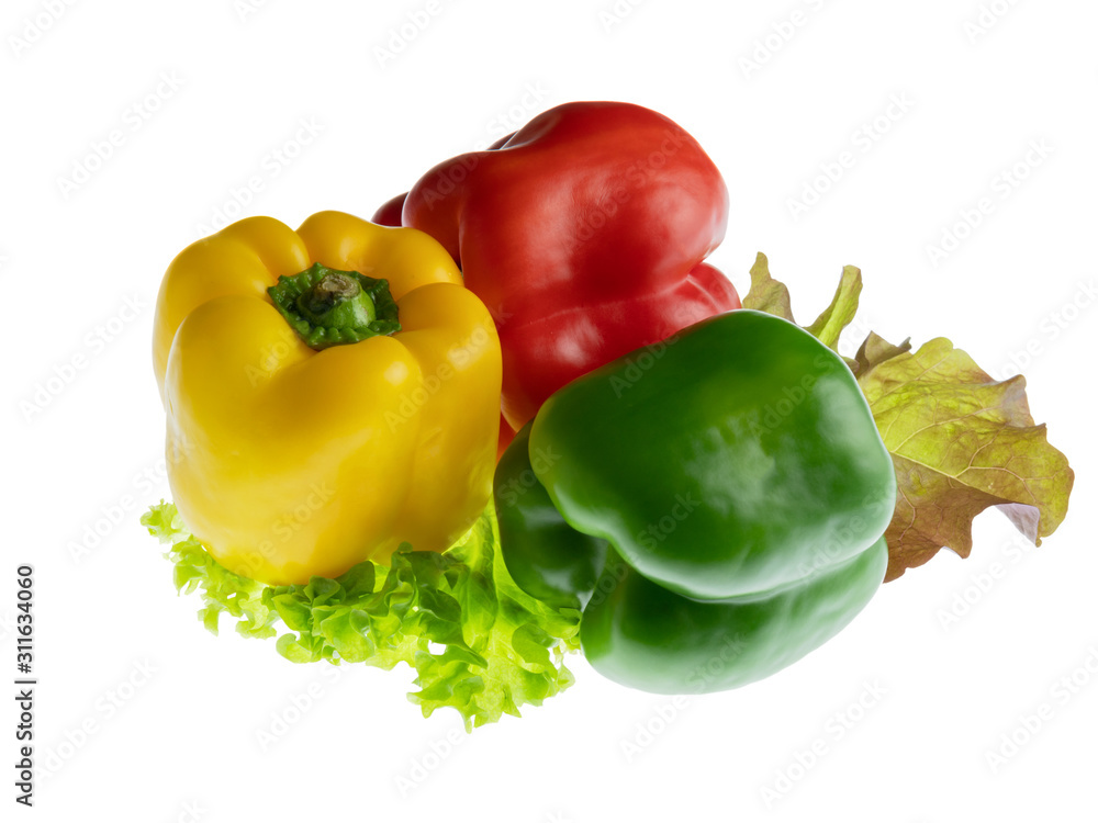 Three peppers  with leaves lettuce isolated on white background