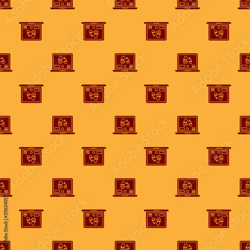 Red Laptop application for control a autonomous tractor on a smart farm icon isolated seamless pattern on brown background. Smart agriculture implement. Vector Illustration