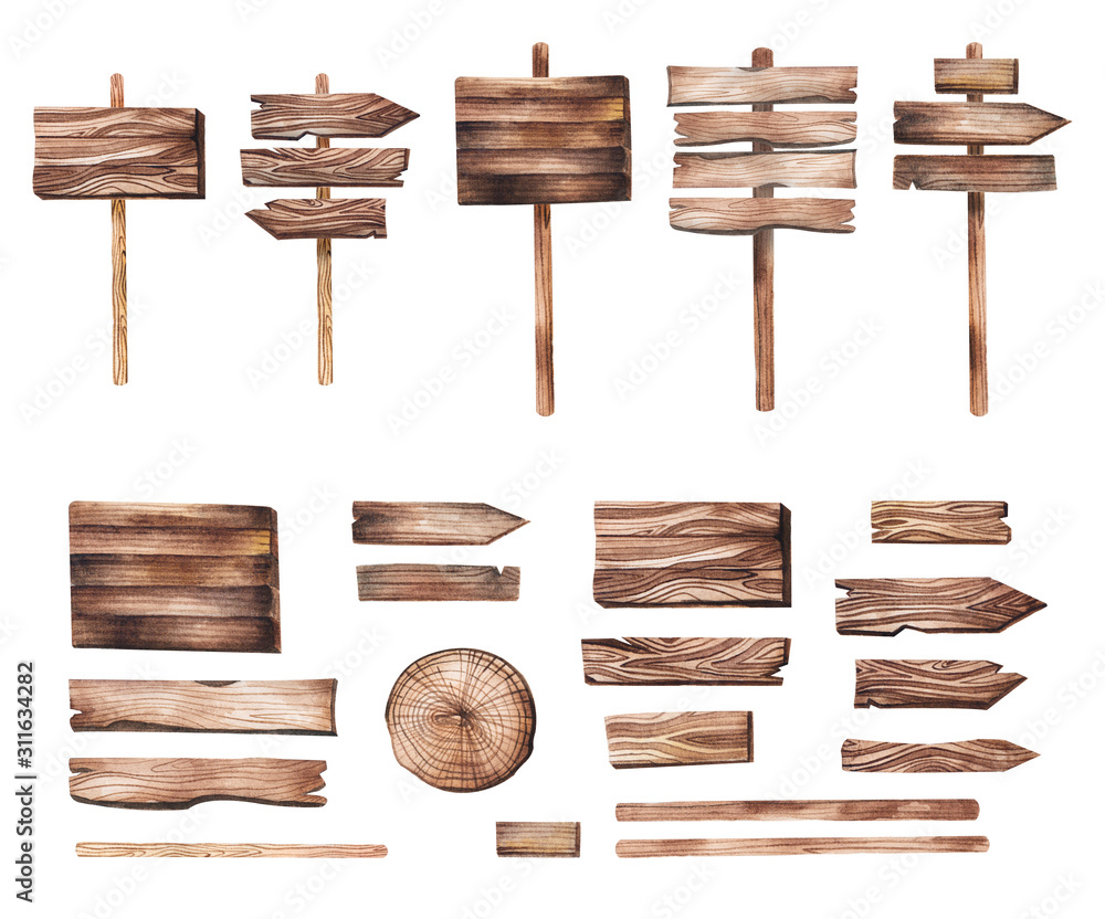 Hand drawn wooden pointers, plates, boards, direction indicators, cut wood watercolor illustration in rustic style. Isolated wooden decorative elements for invitations, wedding, greeting cards and DIY - obrazy, fototapety, plakaty 