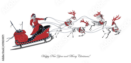 Santa Claus with reindeers on sleigh. Bad Santa Skull and deer skeleton with leather belt, mask and metal spikes. Hard rock.