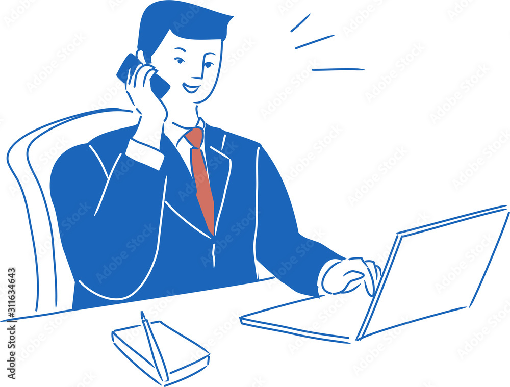 オフィスデスクでパソコンの画面を見ながらスマホ電話で話をしている会社員男性の上半身イラスト Stock Vector Adobe Stock