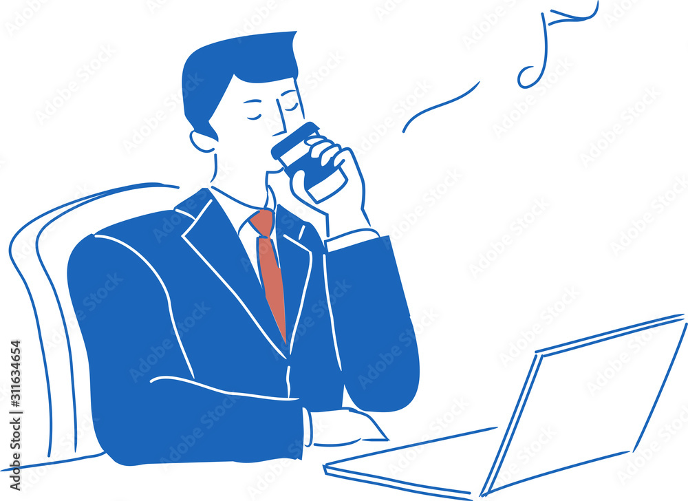 オフィスデスクのパソコンの前でコーヒーを飲み休憩中の会社員男性の上半身イラスト Vector De Stock Adobe Stock