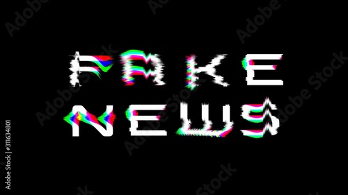 FAKE NEWS text glitch effect, black background, pixels interferences font