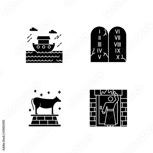 Bible narratives glyph icons set. The passover, the flood myths, ten commandments. Christian religion, holy book scenes. Biblical stories plot. Silhouette symbols. Vector isolated illustration