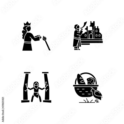 Bible narratives glyph icons set. Samson, manna and quail, The fall of Jericho myths. Christian religion, holy book scenes. Biblical stories plot. Silhouette symbols. Vector isolated illustration