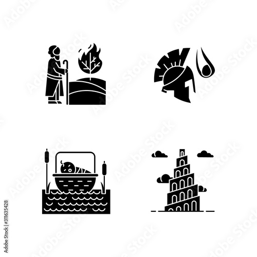 Bible narratives glyph icons set. The birth of Moses, David and Goliath, Babel tower myths. Religious legends. Christian religion, holy book scenes. Silhouette symbols. Vector isolated illustration