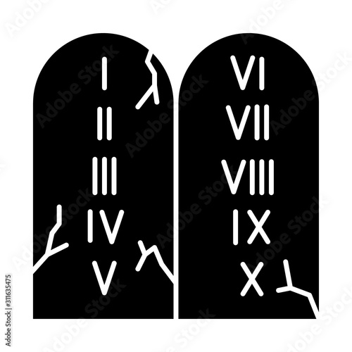 Ten Commandments Bible story glyph icon. Biblical laws written on stone tablets. Christian religion, holy book narrative, sacred scene. Silhouette symbol. Negative space. Vector isolated illustration