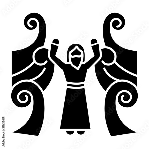 Crossing the Red sea Bible story glyph icon. Moses prophet. Parted water. Egyptians rescue. Religious legend. Biblical narrative. Silhouette symbol. Negative space. Vector isolated illustration