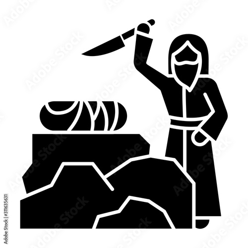 Binding of Isaac glyph icon. Hebrew Bible story. Abraham sacrificing son on Moriah altar. Holy book scene plot. Biblical narrative. Silhouette symbol. Negative space. Vector isolated illustration