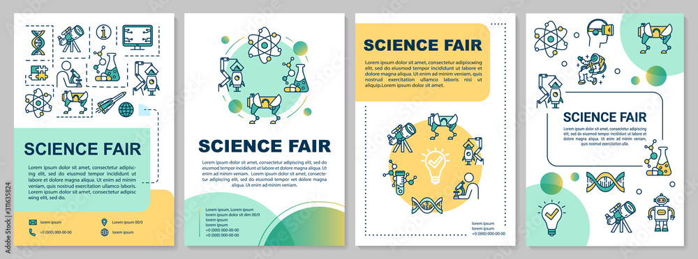 Science fair brochure template. University research. Flyer, booklet, leaflet print, cover design with linear icons. Vector page layouts for magazines, annual reports, advertising posters Science fair brochure template. University research. Flyer, booklet, leaflet print, cover design with linear icons. Vector page layouts for magazines, annual reports, advertising posters