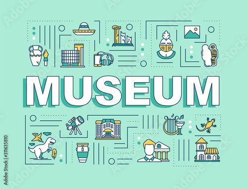 Museum word concepts banner. Historic exhibition and artifact exposition. Display gallery. Infographics with linear icons on green background. Isolated typography. Vector outline illustration